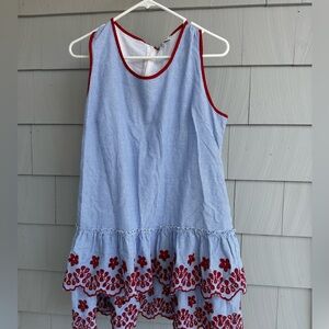 Stellah Blue White Red Stripe Embroidered Relaxed Fit Tiered Dress Size Medium